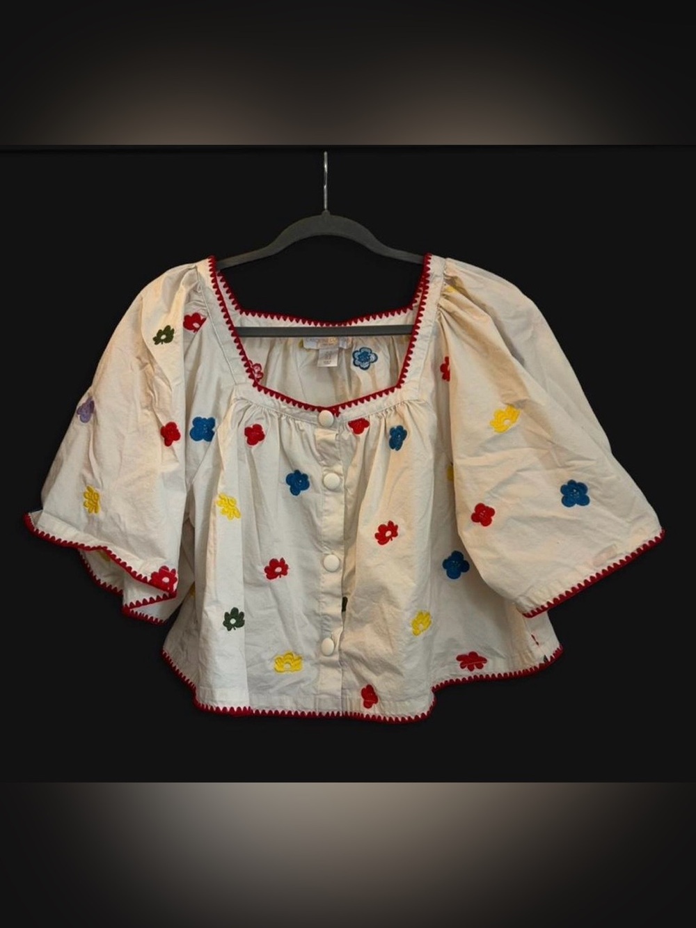 CAROLINE CONSTAS Floral Embroidered Poplin Top Bohemian Resort Size M - Picture 2 of 5